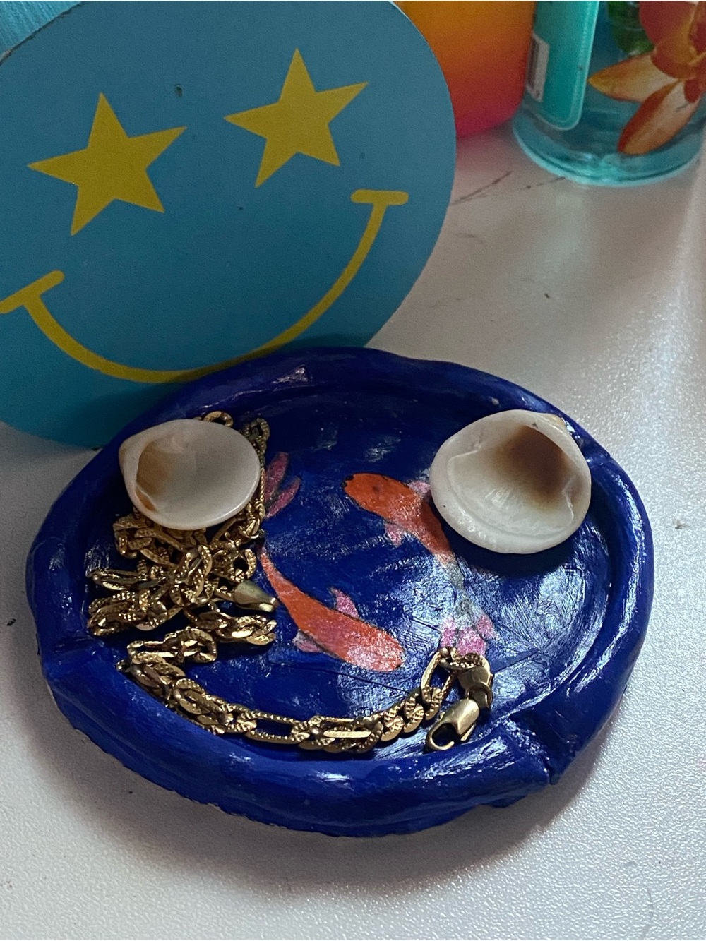 Hand-Painted Blue Kids Jewelry Dish with Gold Accent